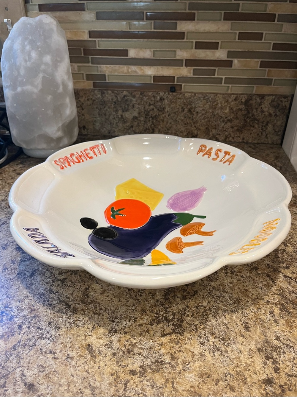 Ceramic Pasta Serving Bowl with Colorful Vegetable Motif Made in Italy 14” - Picture 3 of 12